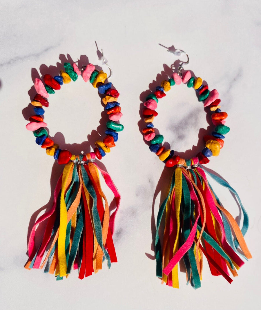 Colorful stone and tassle statement earrings